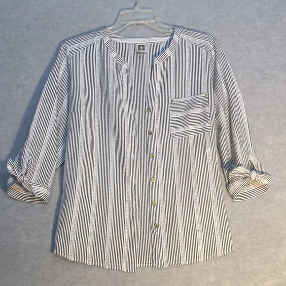 ANNE KLEIN 100% Cotton Striped Shirt w/Logo Buttons Tie Accents on 3/4 Sleeves - Picture 2 of 15